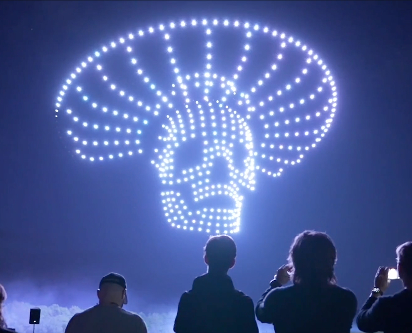 Blue LED drones in the shape of a sugar skull
