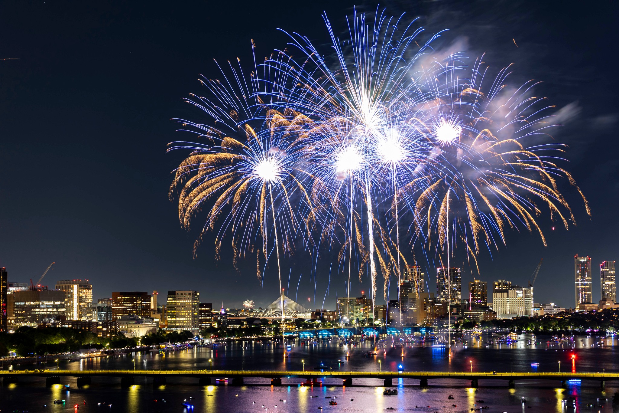 Fireworks explode over the Charles river during the 2025 Boston Pops Fireworks Spectacular on July 4, 2025. (Ben Pennington for the Boston Globe)